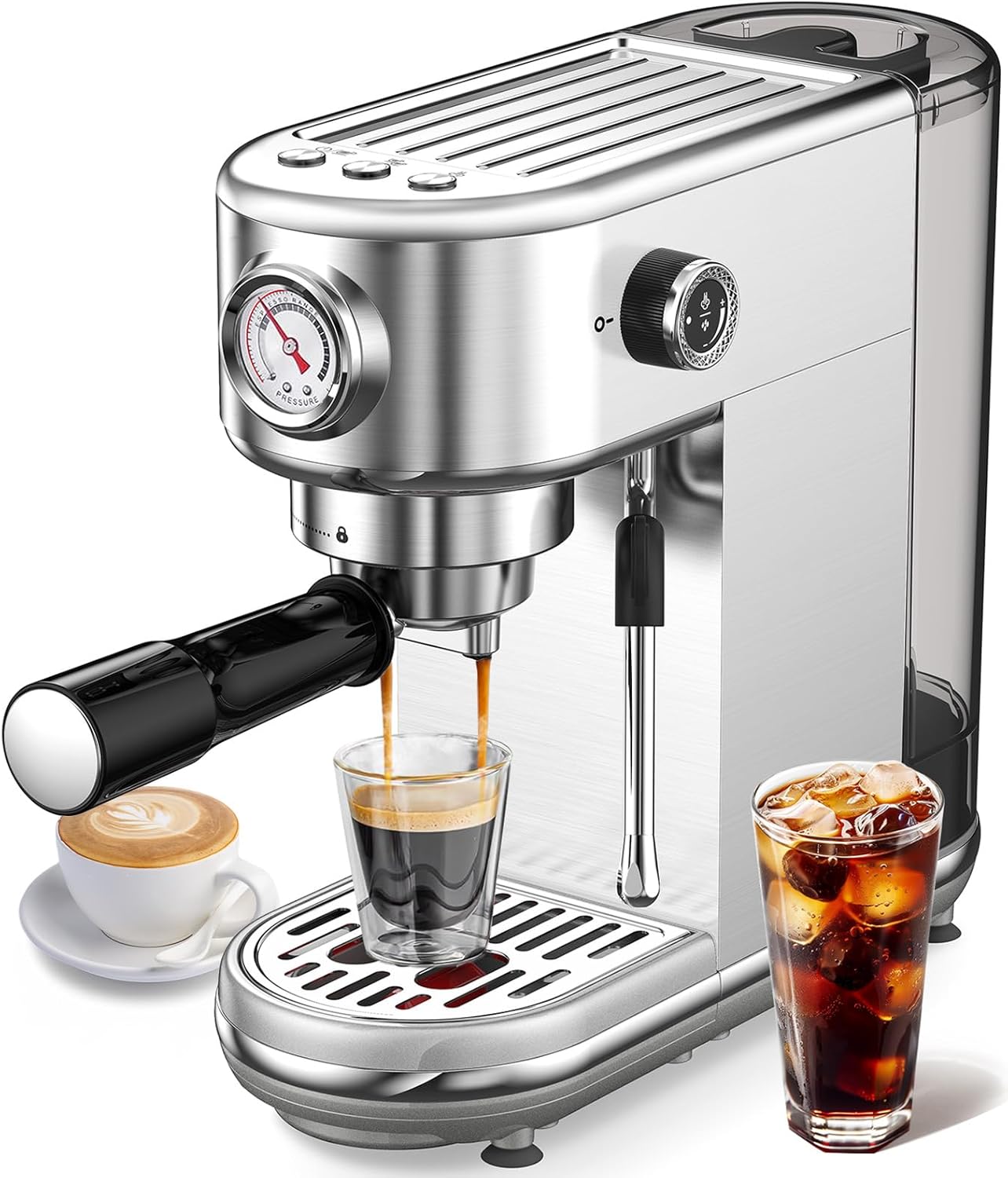 Espresso Machine with Milk Frother, 20 Bar High Pressure Professional Espresso Maker Automatic, Compact Stainless Steel Coffee Machine for Cappuccino, Latte, Gift for Coffee Lover, Dad or Mom, Silver